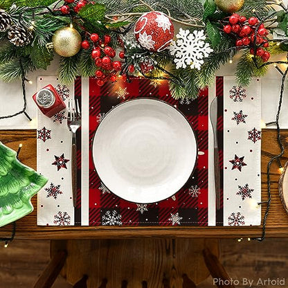 Buffalo Plaid Snowflake Christmas Placemats Set of 4 - 12x18 Inch Red Rectangular Holiday Table Decor