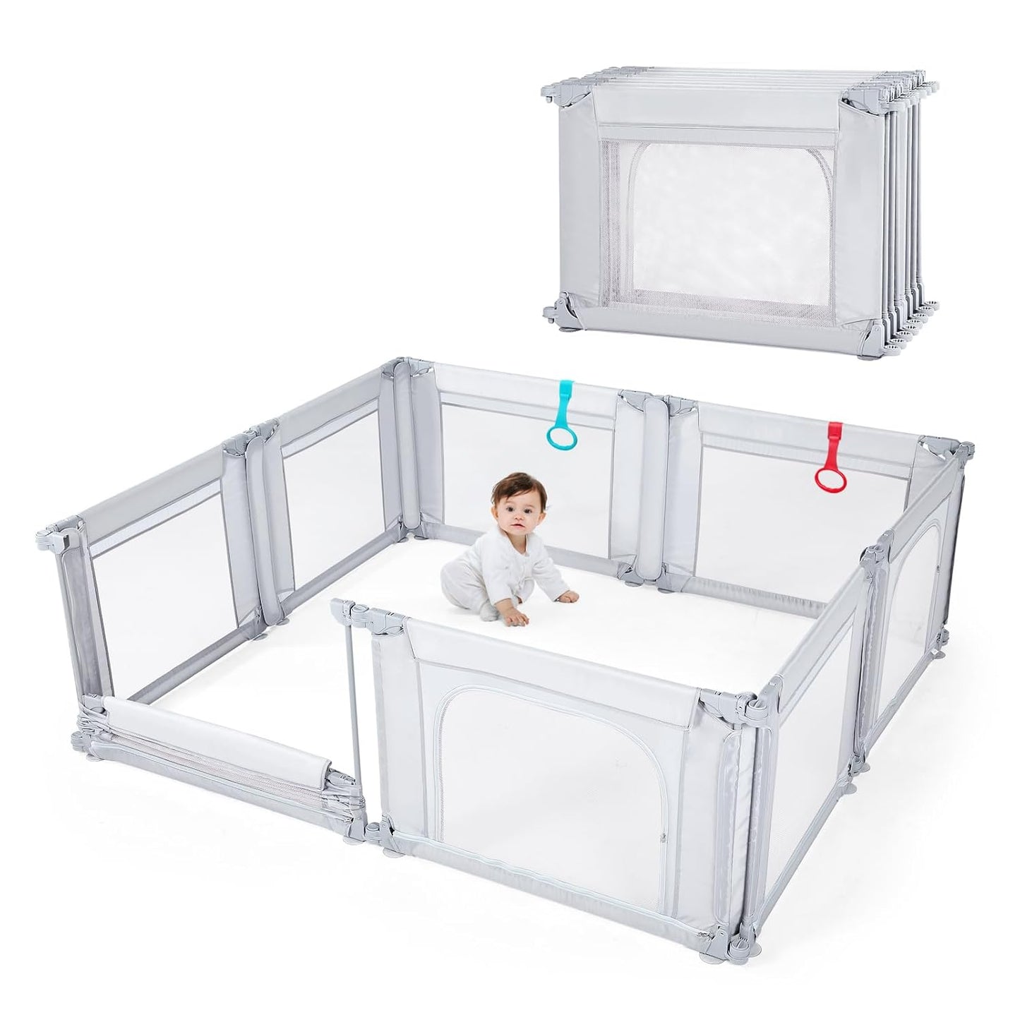 Doradotey Baby Playpen - Adjustable Large Playard for Infants & Toddlers | Foldable Indoor Mesh Fence, Light Grey 180x200x68cm