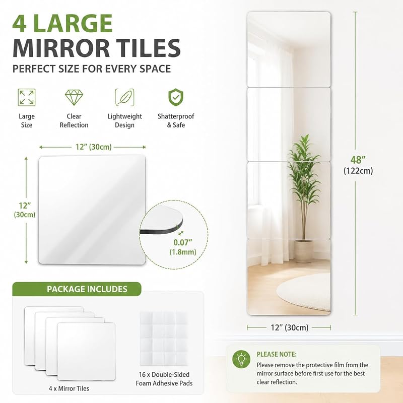 Shatterproof Acrylic Mirror Tiles, 12x12 inch, 4 Pack for Kids Rooms