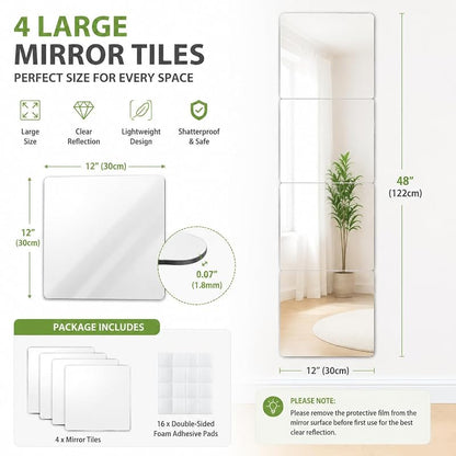 Shatterproof Acrylic Mirror Tiles, 12x12 inch, 4 Pack for Kids Rooms