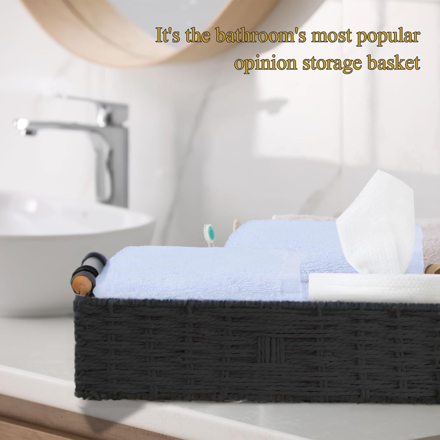 Skiennix Round Paper Rope Storage Basket - Decorative Wicker Organizer with Handle | Black Small Size