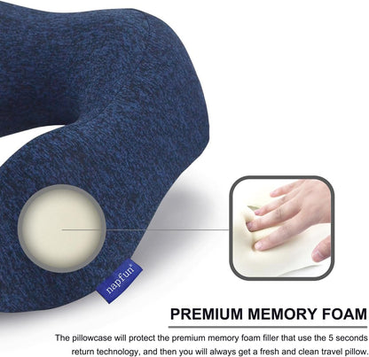 Napfun Travel Neck Pillow - Upgraded 100% Pure Memory Foam for Airplane Comfort | Portable Blue Headrest