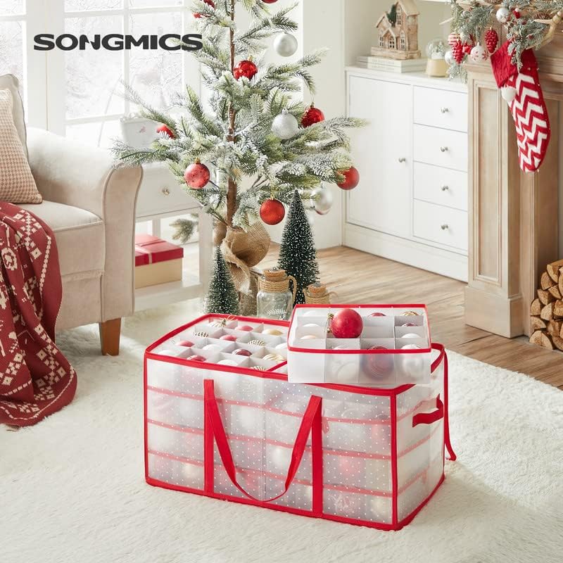 SONGMICS Christmas Ornament Storage Box - Holds 128 3-Inch Balls | 8 Trays, Dual Zippers, Cherry Red