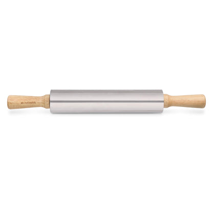 Navaris Stainless Steel Rolling Pin - 17" Non Stick Metal Roller with Wood Handles for Baking, Cooking, Cookies, Biscuits, Pizzas, Dough, Pastry