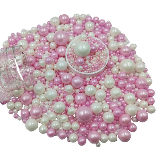 Skiennix Edible White & Pink Sugar Pearls | 120g Baking Sprinkles for Cakes & Cupcakes