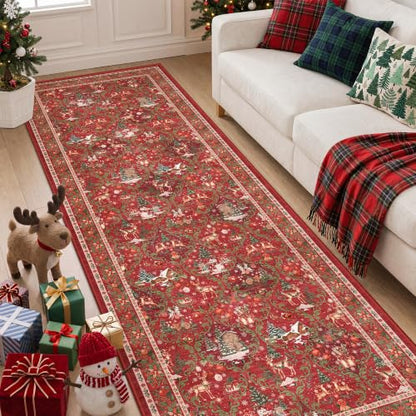 3x8 Red Christmas Runner Rug for Hallway & Kitchen Washable Non-Slip