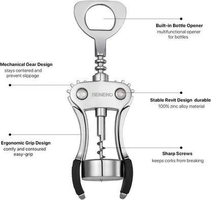 Beneno Wine Opener with Silicone Leak Proof Wine Vacuum Stopper, Zinc Alloy Premium Wing Corkscrew with Multifunctional Bottles Opener, Matte Black