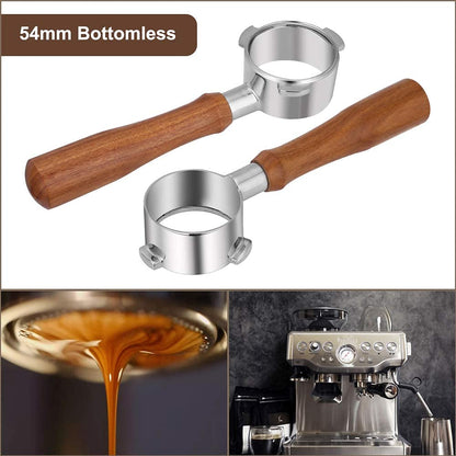 54mm Bottomless Portafilter Compatible For Breville 8 Series, Stainless Steel Coffee Espresso Machine Wood Handle With Two Cup Basket Filter, Set of 2