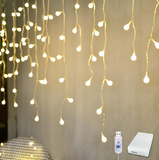 YOLIGHT Fairy Curtain Lights - 13ft 96 LED USB/Battery Powered Globe String Lights for Bedroom & Party Decor | Warm White