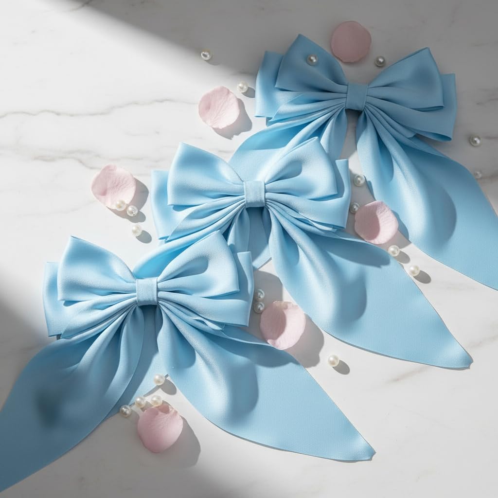 Skiennix Jumbo Silky Satin Bow Clip Hair Barrettes - Light Blue Large French Metal Bowknot for Girls