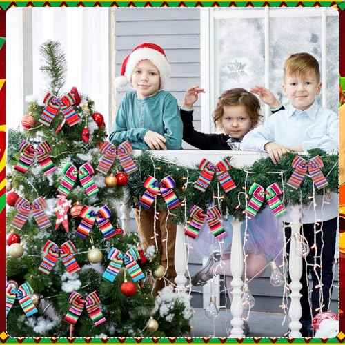 24 Pcs Christmas Mexican Serape Bows 5.5 Inch Christmas Mexican Ornaments Mexicano para Fiesta Colorful Rainbow Stripes Bowknots for Xmas Tree Gift Wrapping Wreath