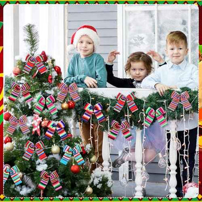 24 Pcs Christmas Mexican Serape Bows 5.5 Inch Christmas Mexican Ornaments Mexicano para Fiesta Colorful Rainbow Stripes Bowknots for Xmas Tree Gift Wrapping Wreath
