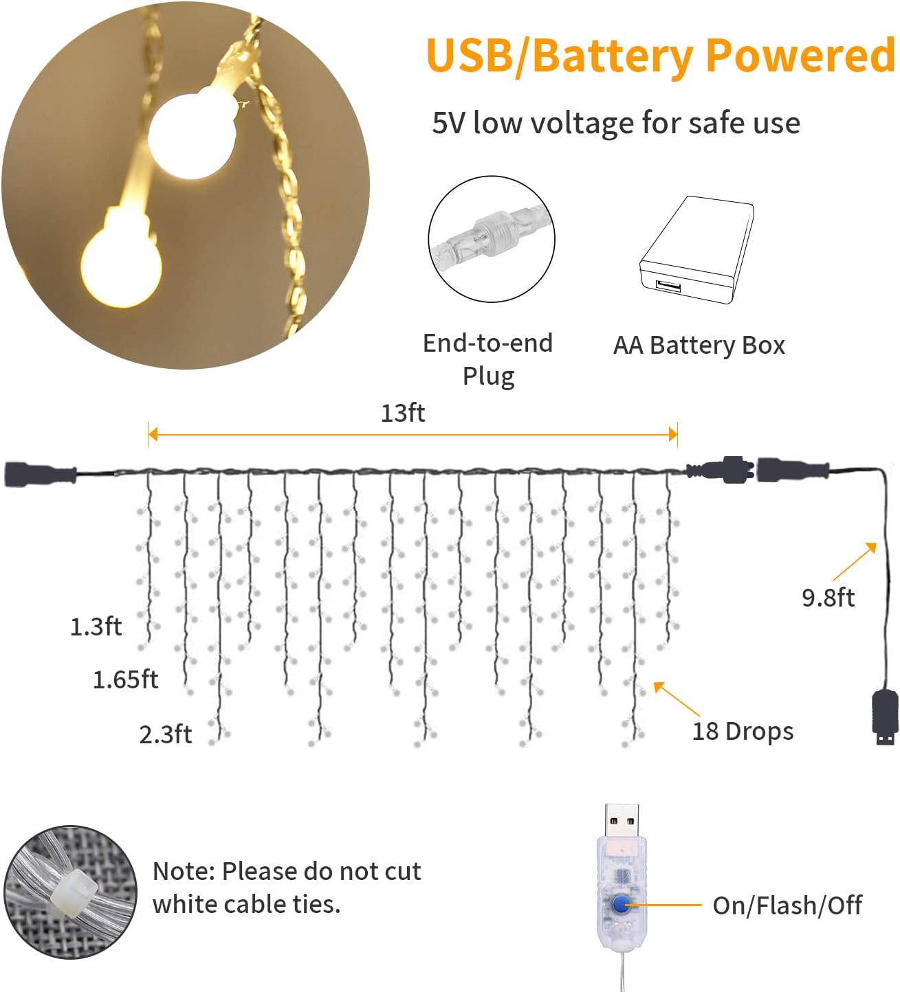 YOLIGHT Fairy Curtain Lights - 13ft 96 LED USB/Battery Powered Globe String Lights for Bedroom & Party Decor | Warm White