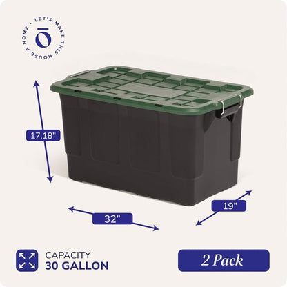 HOMZ 30-Gallon Stackable Storage Bins - Durable Plastic Containers with Lids & Latching Handles | Black/Green 2-Pack