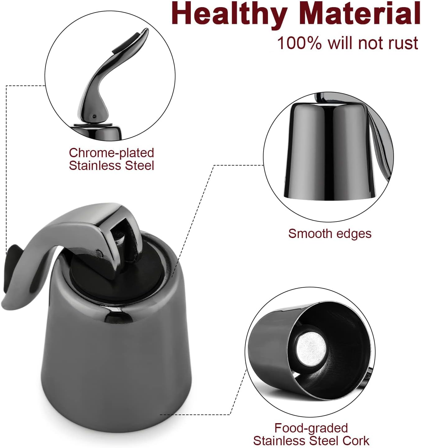 Wine Stoppers for Wine Bottles with Stainless Steel Vacuum Wine Bottle Stopper with Silicone Reusable Wine Corks, Leak proof Keep Fresh Suitable for Red&White Bottle (Black, 2 Pack)