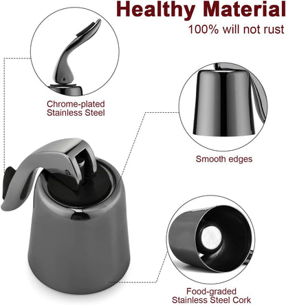 Wine Stoppers for Wine Bottles with Stainless Steel Vacuum Wine Bottle Stopper with Silicone Reusable Wine Corks, Leak proof Keep Fresh Suitable for Red&White Bottle (Black, 2 Pack)