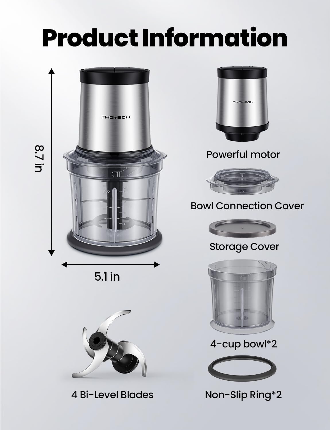 Skiennix Food Processor - 4 Cup Electric Chopper with 2 Bowls, 2 Speed & 4 Blades for Versatile Food Prep