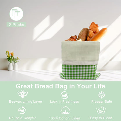 Large Beeswax Bread Bags for Sourdough, 2 Packs Reusable Cotton Material, Ideal for Sourdough Bread Storage to Keep Fresh Lock Moisture, 17 X 13 Inch Green and White Pattern
