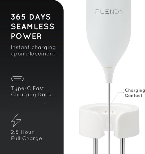 Flendy Rechargeable Milk Frother - Handheld Electric Drink Mixer with USB-C Charging Stand | Ideal for Coffee & Matcha