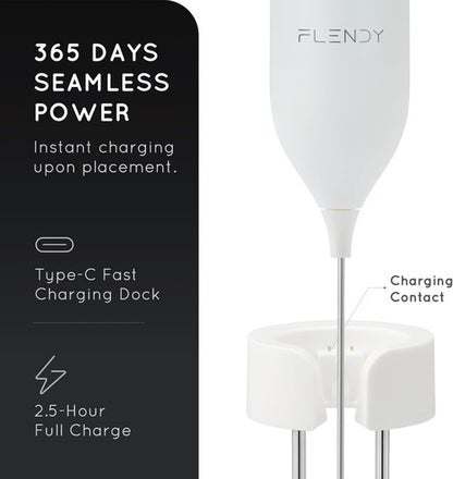 Flendy Rechargeable Milk Frother - Handheld Electric Drink Mixer with USB-C Charging Stand | Ideal for Coffee & Matcha