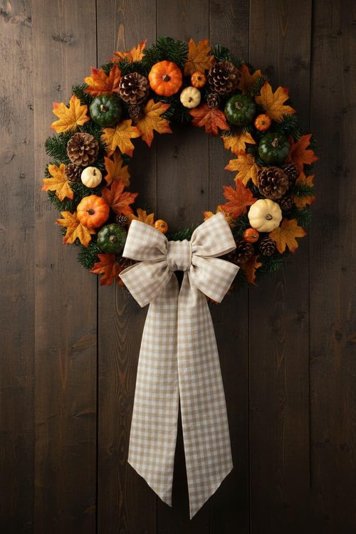 Khaki White Checkered Plaid Bow Ribbon Wreath Sash by [Brand Name] - Rustic Holiday Decor (5.12" x 54.33")