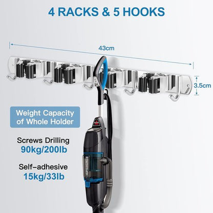 IMILLET Wall-Mounted Broom Holder - Heavy-Duty Stainless Steel Organizer for Home & Garage | 4 Racks & 5 Hooks