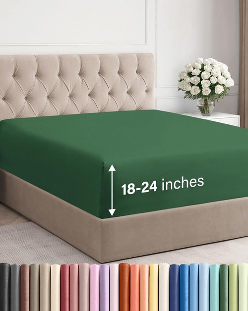 Extra Deep Full Fitted Sheet - Hotel Luxury Single Fitted Sheet Only - Easily Fits 18 inch to 24 inch Mattress - Ultra Soft, Wrinkle Free with Extra Deep Pockets - Breathable & Comfy - Emerald Green