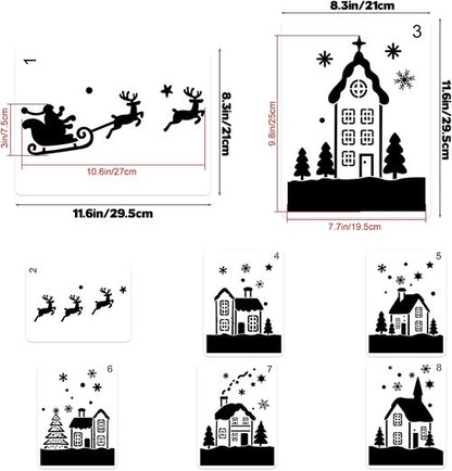 8 Pcs Large Christmas Window Stencils - Reusable Holiday Templates for Glass, Wood & Fabrics | Winter House, Reindeer & Santa Claus Designs