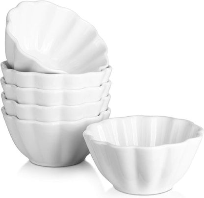DOWAN Ramekins - 4 oz Flower-Shaped Porcelain Baking Cups | Oven Safe Set of 6 in White