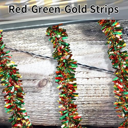 33FT Christmas Tinsel Garland - Red, Green & Gold for Tree Decor