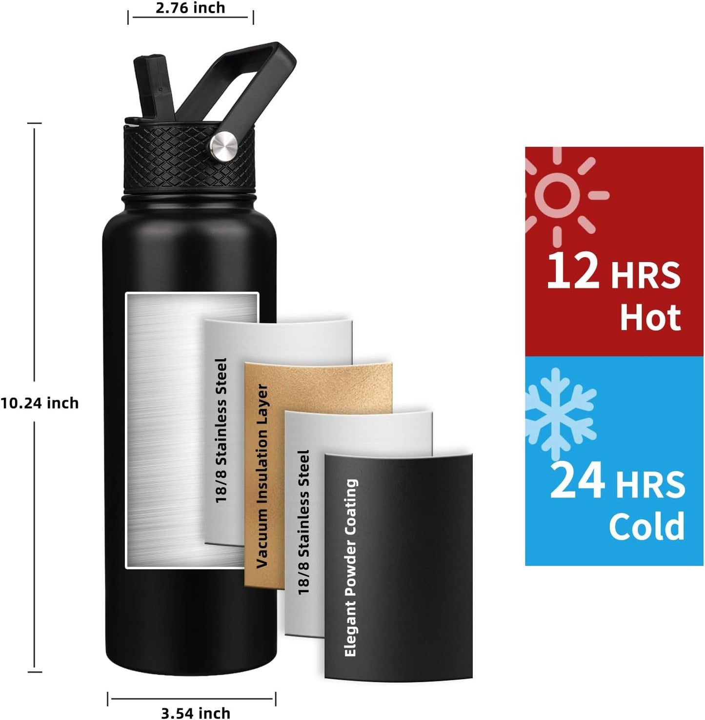 Skiennix Insulated Water Bottle - 40oz Triple Wall Vacuum Stainless Steel | Leak Proof, Dishwasher Safe, Black