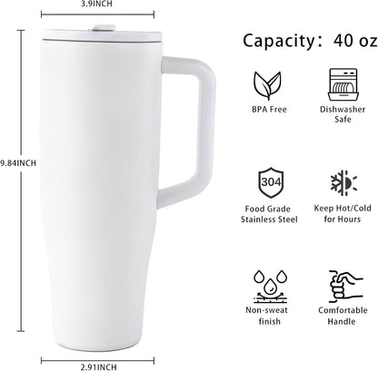 Skiennix 40 oz Water Bottle - Leak Resistant Insulated Tumbler with Handle | White, Cup Holder Compatible