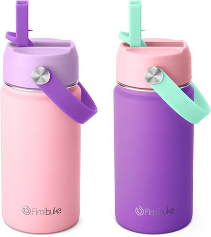 Fimibuke Kids Insulated Water Bottle - 14oz BPA-Free Stainless Steel Travel Tumbler | Leak-Proof Design, Macaron Colors (2 Pack)