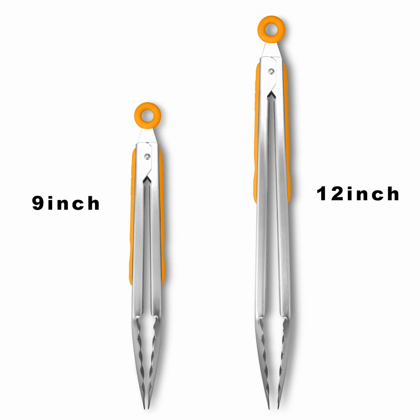 304 Stainless Steel Kitchen Cooking Tongs, 9" and 12" Set of 2 Sturdy Grilling Barbeque Brushed Locking Food Tongs with Ergonomic Grip, Orange