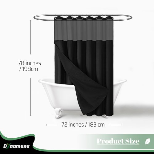 Dynamene 78 Inch Long Shower Curtain, Tall Waffle Fabric Shower Curtains for Bathroom, Hotel Waterproof Cloth Shower Curtain Liner Set with Hooks, Snap in Liner, Mesh Top Window, Black, 72x78