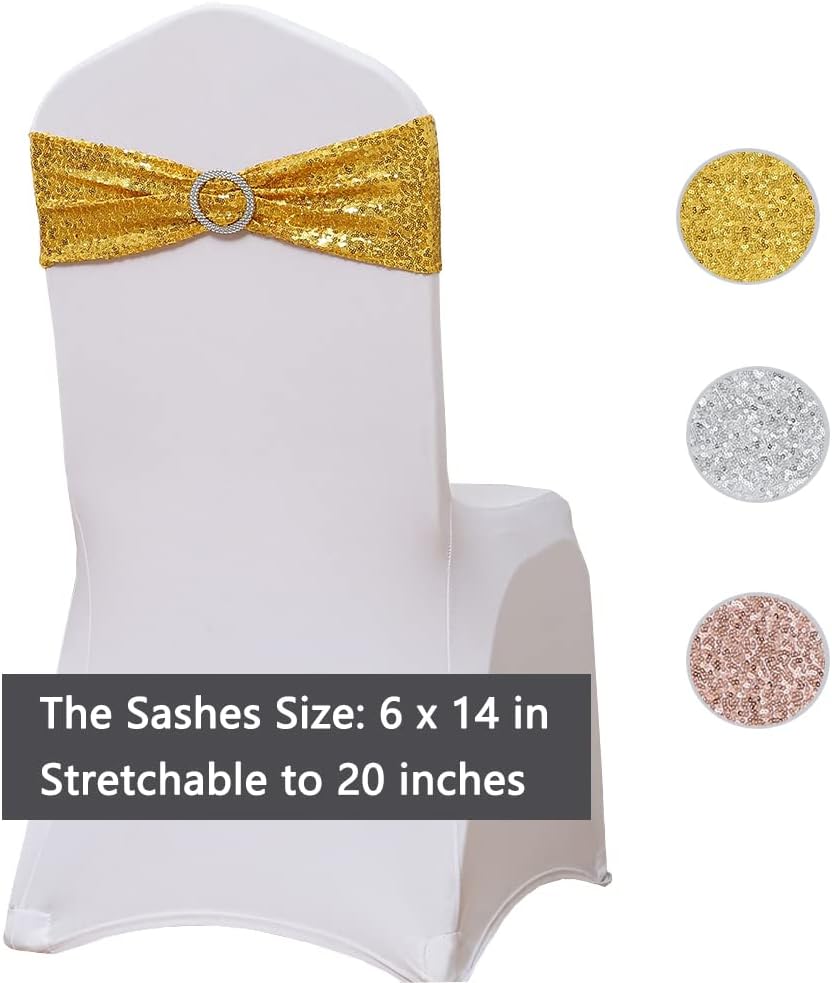 Sequin Gold Chair Sashes by Pack of 50 | Spandex Bands with Buckles for Weddings & Parties
