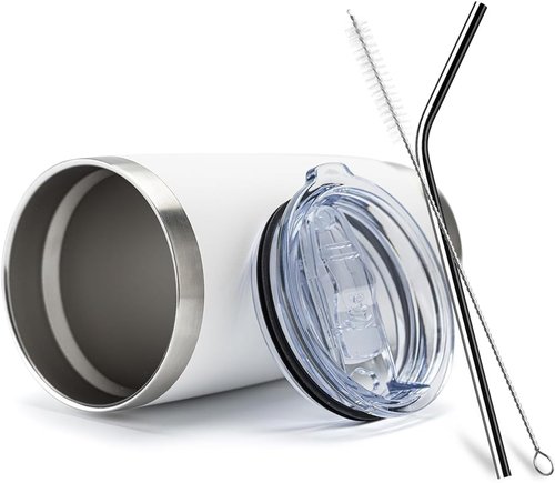 COMOOO 20oz White Double Wall Vacuum Insulated Tumblers - 8 Pack Stainless Steel Travel Mugs with Lids & Straws