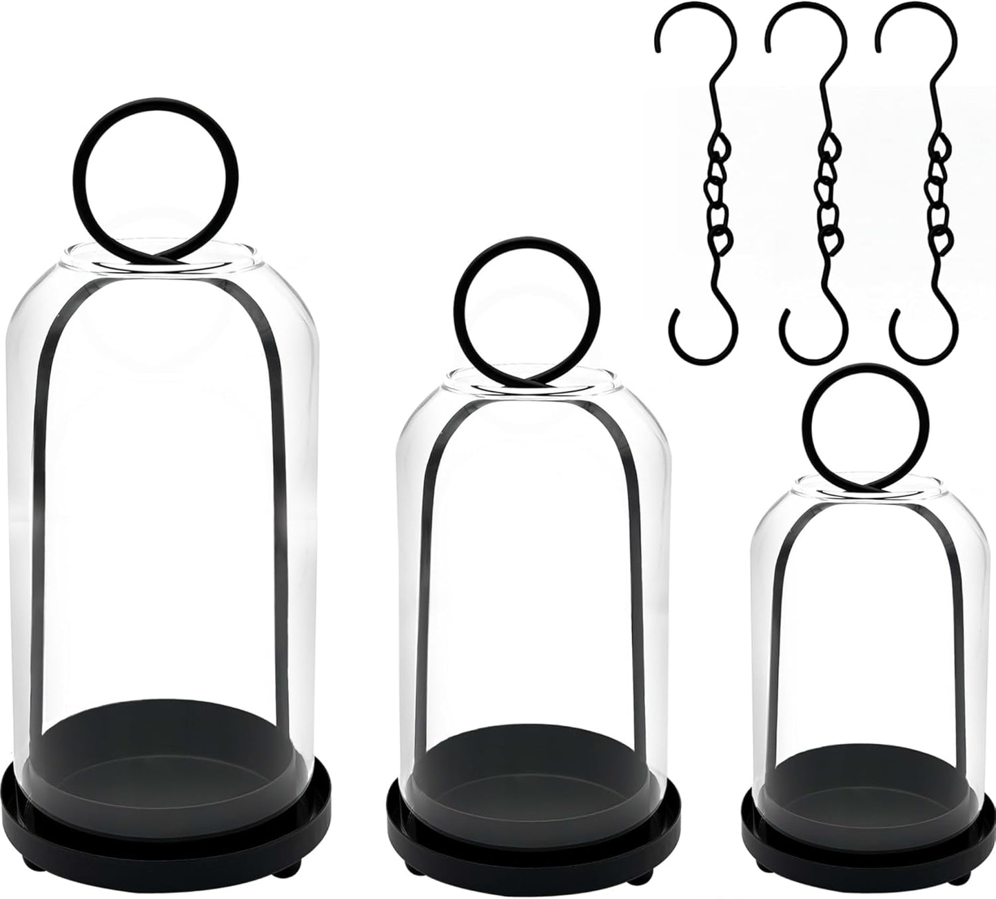 Skiennix 3 Pack Metal Candle Holders - Versatile Black Candlestick Holders with Glass Domes | 5.5", 4.7", 3.9" Wide