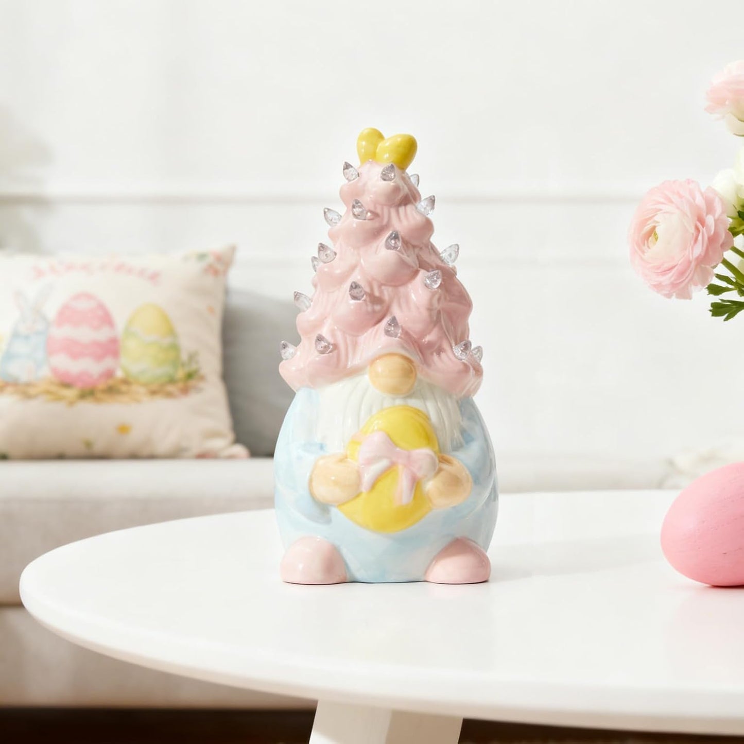 WDS Wondrous Lighted Gnome Figurine - Ceramic Battery Operated LED Easter Decor | Pink Hair Holding Egg, Spring Table Centerpiece