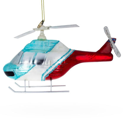 Blue Red Helicopter Glass Christmas Ornament