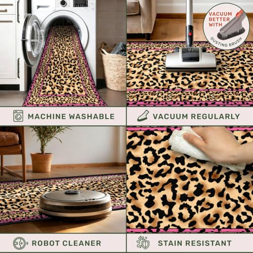 Pink Leopard Border Runner Rug 2x6 Feet - Stylish Cheetah Pattern, Non-Slip, Washable