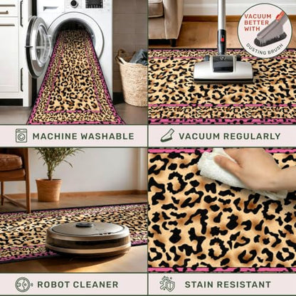 Pink Leopard Border Runner Rug 2x6 Feet - Stylish Cheetah Pattern, Non-Slip, Washable
