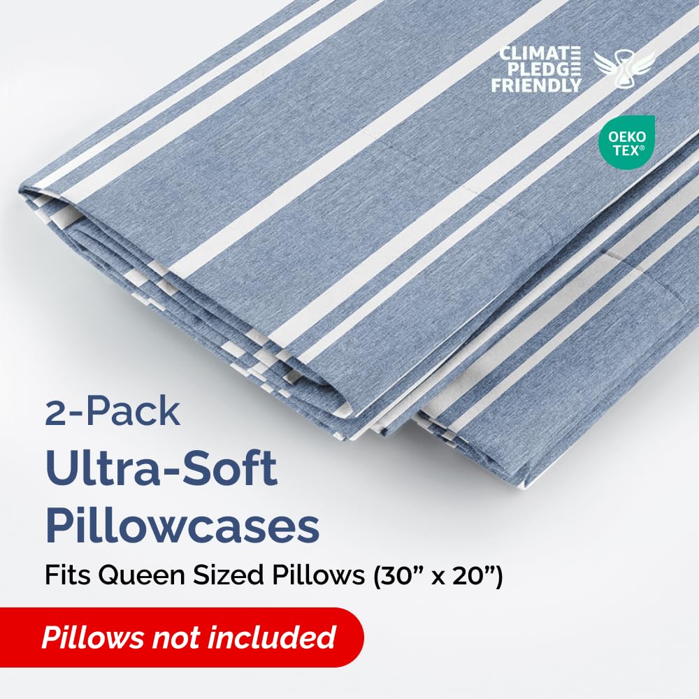 Queen Pillow Cases Set of 2 - Ultra Soft Hotel Quality Pillowcase Covers - Comfy, Cozy & Wrinkle Free - Shrinkage and Fade Resistant - Machine Washable Pillow Protectors - 2 Piece Set - Blue Stripes 3