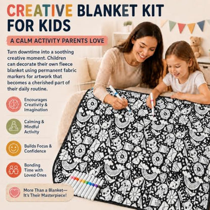 DIY Cartoon Pattern Flannel Blanket Kit with Fabric Markers - Color Your Own Art Blanket, 50x59 Inches