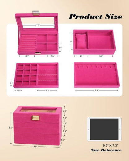 Homde Jewelry Tray Stackable Jewelry Box Drawer Organizer with Glass Lid, Removable Dividers for Vanity Table Gift Idea for Girls and Women (Pink)