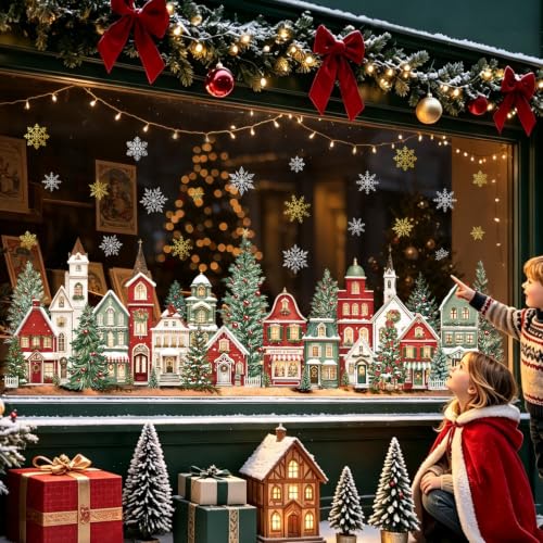 decalmile Christmas Window Clings Red House & Xmas Tree - Retro House Variant