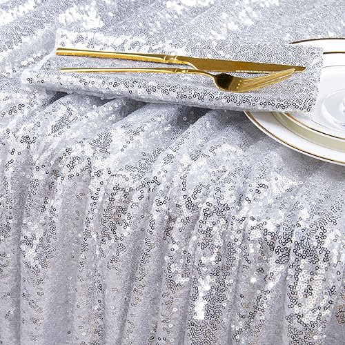 90x156 Inch Silver Sequin Tablecloth for Weddings & Parties - Rectangular