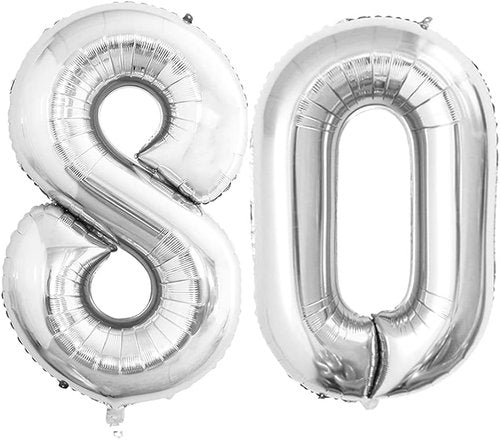 GOER 80th Birthday Balloons - 42 Inch Jumbo Silver Foil Helium Decorations for 80th Anniversary