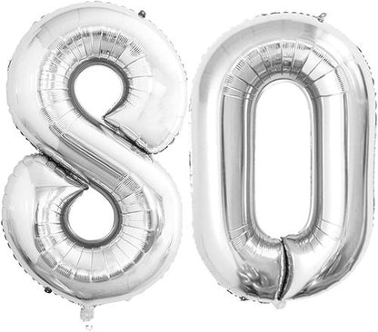 GOER 80th Birthday Balloons - 42 Inch Jumbo Silver Foil Helium Decorations for 80th Anniversary