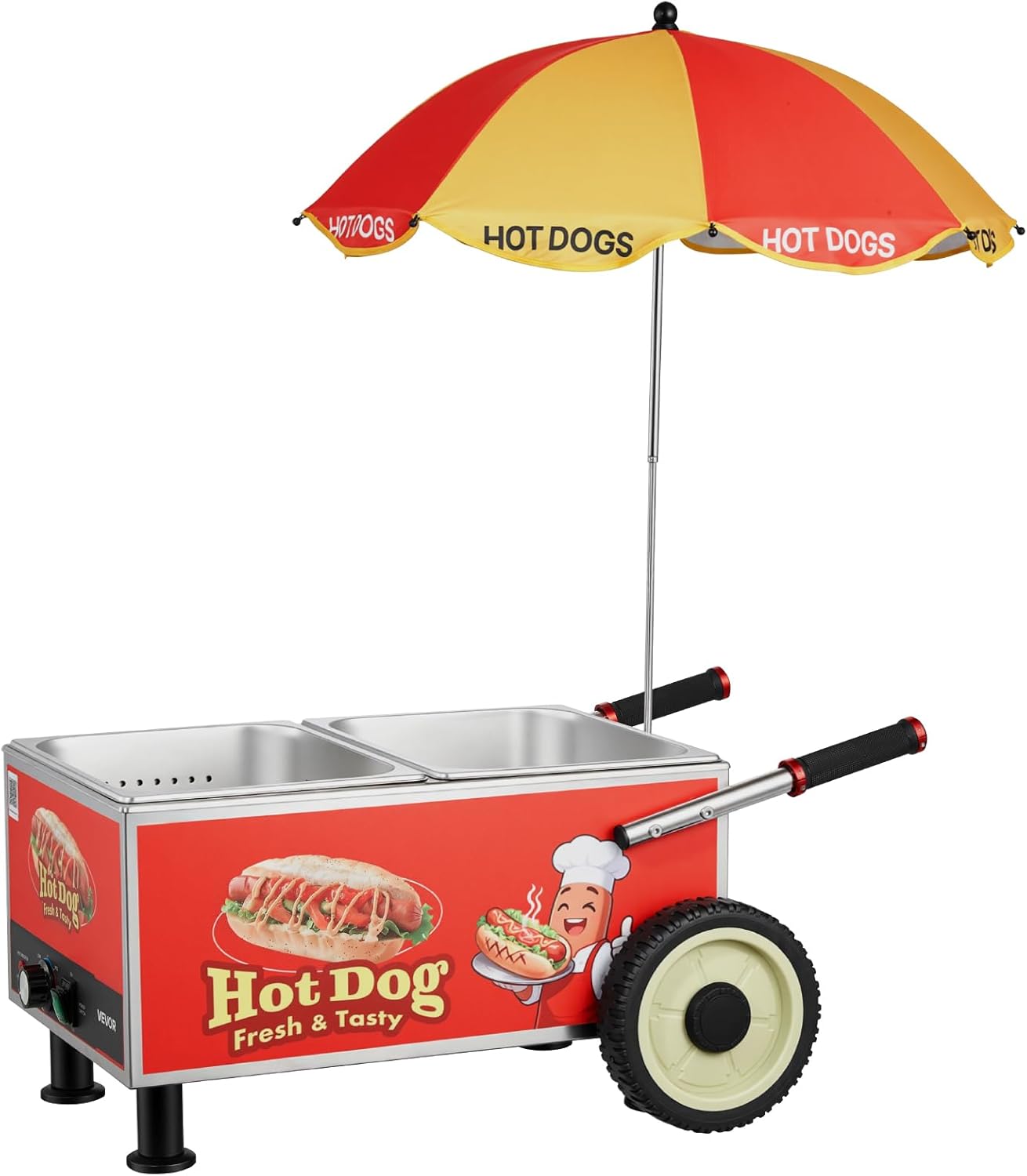 VEVOR Hot Dog Steamer Cart - 1200W Electric Stainless Steel Machine with Adjustable Temp & Portable Design